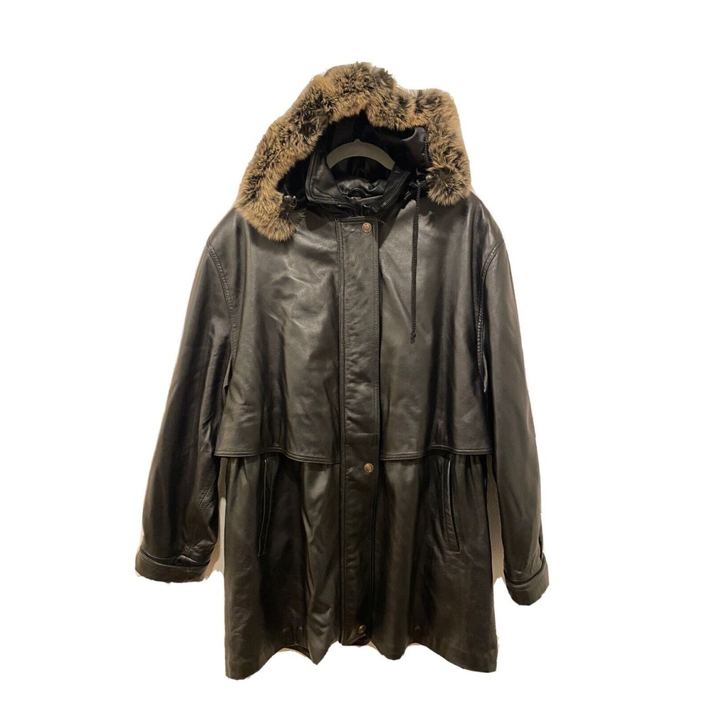 Bella Dichi Women's Size 2XL Black Leather Jacket with Real Fur Trimmed Hood